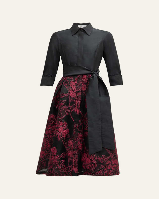 Tie-Waist Floral Jacquard Midi Shirtdress